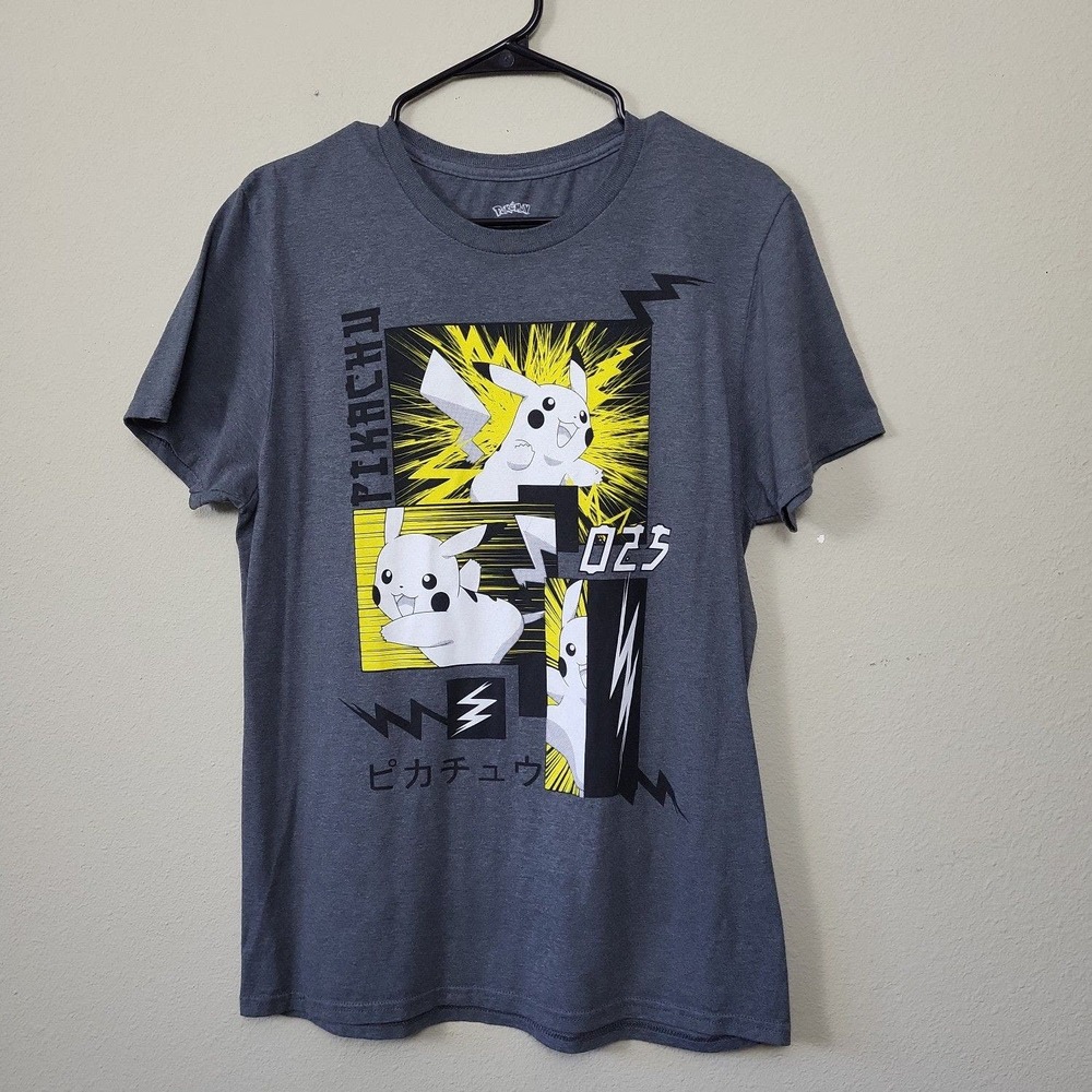 Pokemon Men's M Pikachu Thunderbolt Graphic Tee Gray‎ Japanese Top Cotton Blend
